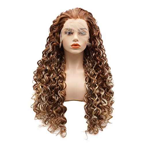 Hair Synthetic Lace Front Wig Curly Long 26inch Dark Brown Blonde Mix Heavy Density Heat Resistant Realistic Wig