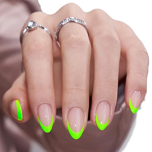 BTArtbox French Tip Press On Nails - Neow Green Press On Nails Short for St. Patrick's Day Gifts, Almond Stick On Nails, Glue On Nails in 16 Sizes - 30 Pcs Soft Gel Fake Nails Kit, Green French