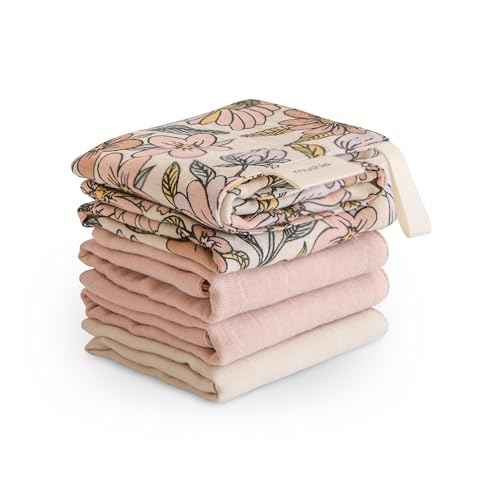 mushie Muslin Organic Cotton Washcloths 5-Pack (Retro Flowers Combo) | Soft Wipes for Baby Cleanups and Bathing