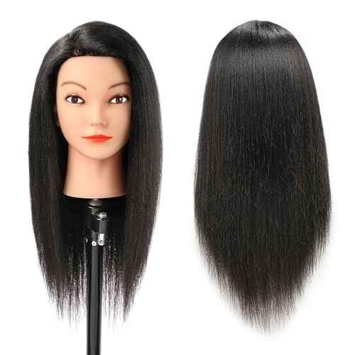 20-22" 100% Human Hair Mannequin Head Hair Practice Training Head Cosmotology Doll Head for Hairdressers with Clamp- Natural Black