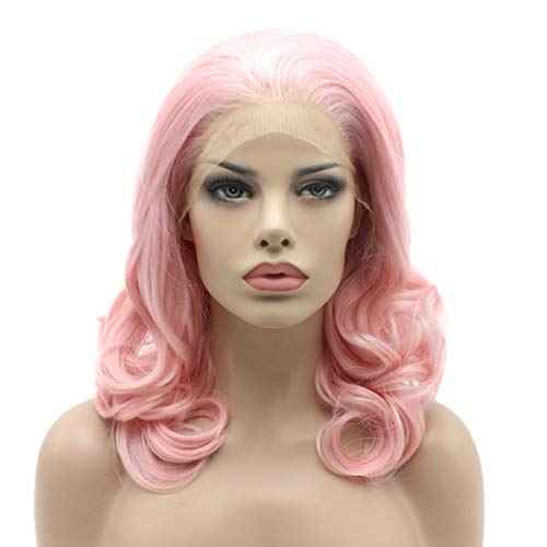 Lushy Pink Wavy Synthetic Wig, 16inch, Heat Resistant, Heavy Density, Lace Front
