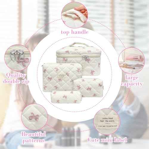 Quilted Makeup Bag, Large Capacity Travel Cosmetic Bag for Women and Girls, Aesthetic Storage for Daily and Travel Use (4pcs-pinkbow)