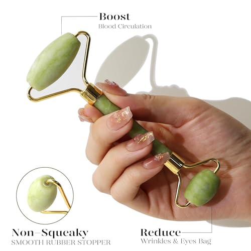 BAIMEI Jade Roller & Gua Sha, Face Roller, Facial Beauty Roller Skin Care Tools, Self Care Gift for Men Women, Massager for Face, Eyes, Neck, Relieve Fine Lines and Wrinkles - Green