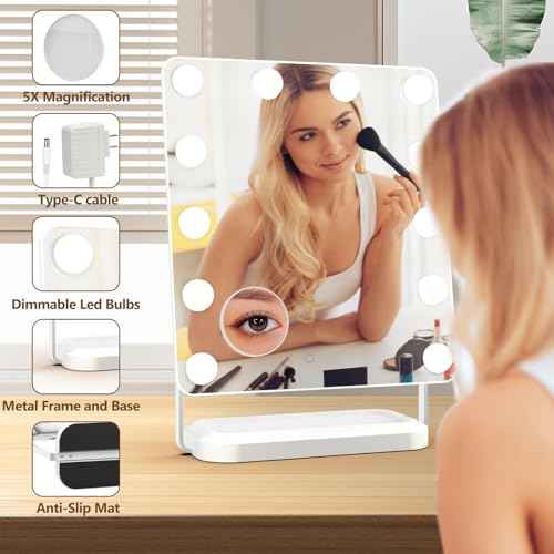 BanBers Hollywood Vanity Mirror with Lights, 13" x 15", 12 LED Bulbs, Touch Control, 3 Colors Light, 360 Degree Rotation, Tabletop