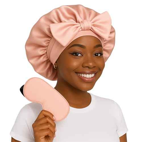Sosun Beauty Double Layer Blush Pink Satin Sleep Bonnet with Tie Band and Free Matching Sleep Mask
