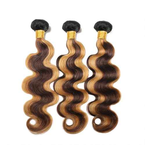 Ombre Brown and Honey Blonde Highlight Human Hair Bundles Dark Brown Body Wave Bundles Mixed with Honey Blonde Human Hair Bundles 16 18 20 Inch 3 Bundles Black Roots Human Hair Extensions