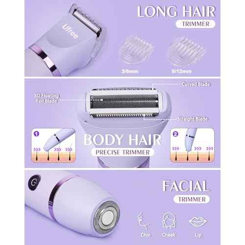 Ufree Bikini Trimmer Electric Razors for Women, Rechargeable Pubic Body Hair Trimmer Electric Shaver for Legs Body Hair, Bikini Shaver IPX7 Waterproof, Gifts for Women, Purple
