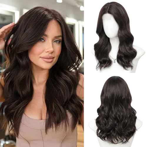 18 Inch Dark Brown Wig for Women, Middle Part Medium Length Wavy Synthetic Hair Wig, Upgraded Strands Natural Hairline Design for Daily Party Halloween(Dark Brown,18 Inch)