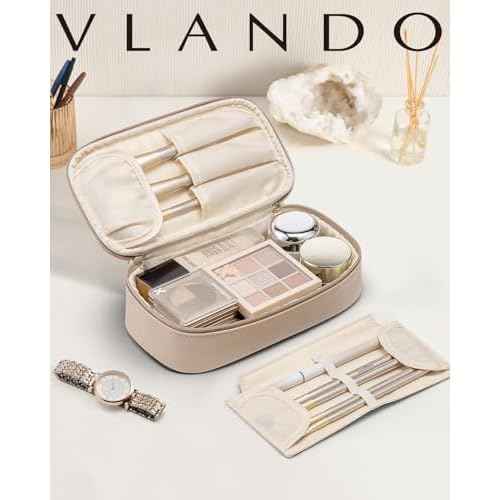 Vlando Travel Makeup Bag,Small Makeup Bag for Women,Gifts for Women Girls, Makeup Pouch Purse Travel Essentials Toiletries-Toffee