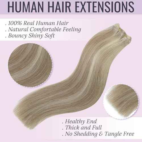 Fshine Weft Hair Extensions Human Hair 18 Sew in Remy Extensions Color Ash Blonde 18p613 Mixed with Bleach Blonde for Women 100g Brazilian