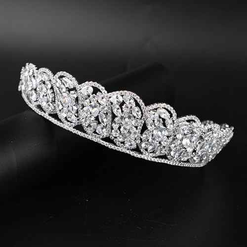 QXMYOO Princess Pearl Crowns Cubic Zirconia Queen Tiaras for Bride Headdress Vintage Birthday Prom Pageant Wedding Tiaras and Crowns Silver Crystal Bridal Hair Accessories