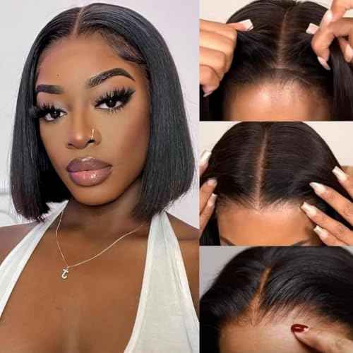 west kiss Pre Cut Straight Bob Wig Human Hair Ready to Wear 4x7 Closure Bob Wig Pre Cut & Pre Bleached Human Hair Wigs With Adjustable Straps for Easy Installation 10 Inch