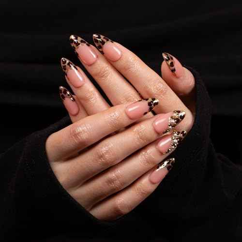 LOVFUL Press on Nails Noir d'Or | Handmade with Full Covered Crystals | Reusable Full Cover Nails | Almond Regular 1.0 in | P003-M