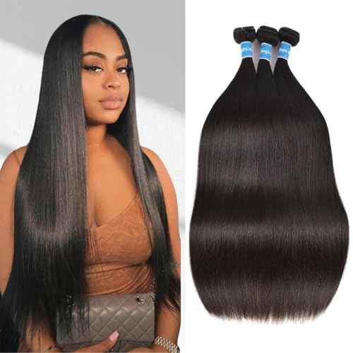 Brazilian Virgin Straight Hair Bundles 100% Unprocessed Virgin Human Hair Weave Bundles Human Hair Extension Double Weft Natural Color Straight Hair Bundles(24 26 28 Inch)