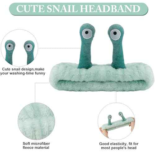 SuPoo 3pcs Snail Face Wash Headband and Wristband Set, Green, Puffy Microfiber Fleece Material, Cute Wrist Towels, for Spa, Sports, Yoga, Face-Washing, Makeup and Shower
