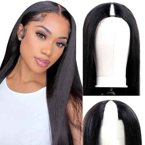 200% Density V Part Wig Human Hair Straight Human Hair Glueless Wigs with Drawstring Upgrade U Part Human Hair Wig for Women No Leave Out No Sew In Natural Color 20 Inch