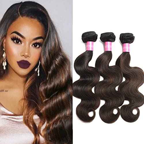 Body Wave Virgin Human Hair 3 Bundles Highlight Brown 14-18 inch 10A Brazilian Human Hair Extensions Ombre Color Body Wavy Human Hair Weave F1B/30 Color (FB30, 14 16 18)