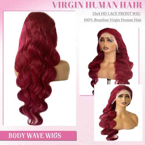 Benafee Burgundy Lace Front Wigs Human Hair 30 Inch Body Wave 99J Reddish Brown Human Hair Wig for Black Women 13x4 Long Free Part Curly Wine Red Lace Frontal Gluelss Wigs Pre Plucked Bleached Knots