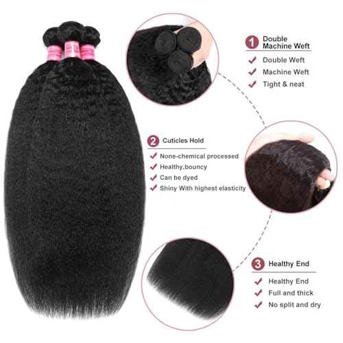 12A Kinky Straight Human Hair Bundles 20 20 20 Inch 100% Real Virgin Human Hair Yaki Straight Bundles Sew In Human Hair Extension for Black Women Natural Color