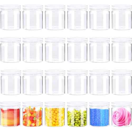 24 Pack 4oz Clear Plastic Slime Containers with Lids,Round Refillable Travel Storage Sealed Jars,Wide Mouth Container for Cosmetics,Lotions,Eye Shadow,Cream,Candy,Makeup,Craft Supplies,Beads