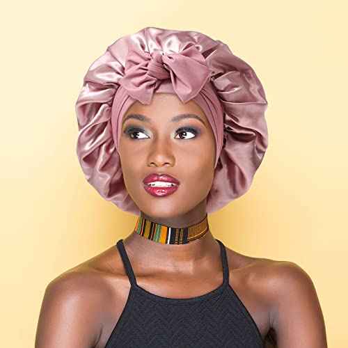 Satin Bonnet for Women - Tie Band Hair Bonnet Large 2 Layered Silk Sleeping Cap Nightcap with 3PCS Hair Scrunchies (Dust Rose)