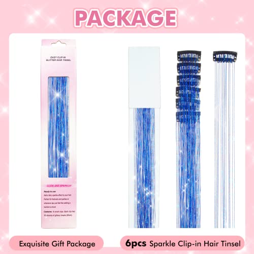 Clip in Hair Tinsel Kit, POROLIR 6Pcs Glitter Fairy Tinsel Hair Extensions 20 Inch Shiny Hair Tinsel Heat Resistant, Sparkly Strands Hair Accessories, Festival Gift for Women Girls Kids, Sapphire Blue