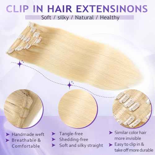 Clip in Hair Extensions Real Human Hair, 18inch 100g, 100% Brazilian Remy Human Hair Clip ins for Women, Straight Seamless Double Weft Hair Extensions, Invisible 8pcs, #613 Bleach Blonde