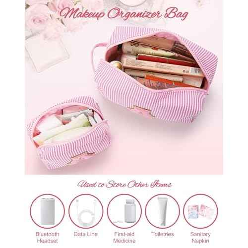 MONSTINA Mom Gifts for Mom, Personalized Initial Makeup Bag Cosmetic Bags for Women Cute|Makeup Pouch Birthday Gifts for Mother,Birthday Gift for Her Cute Toiletry Bag,2PCS Pink M