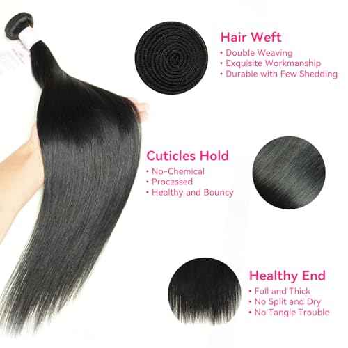 Real Straight Human Hair Bundles 10A Human Hair Bundle Brazilian Virgin Hair 100% Unprocessed Hair Bundle Natural Black Hair Extension for Women (1Black Straight, 14 16 18 Inch)