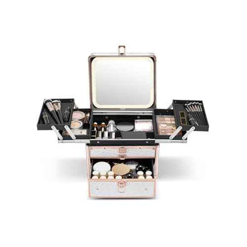 Qislee Makeup Box with Drawer and Four Trays, A Detachable Lighted Mirror, Waterproof Travel Train Case, Cosmetic Organizer and Makeup Suitcase with Magnetic LED Mirror(Bright White)