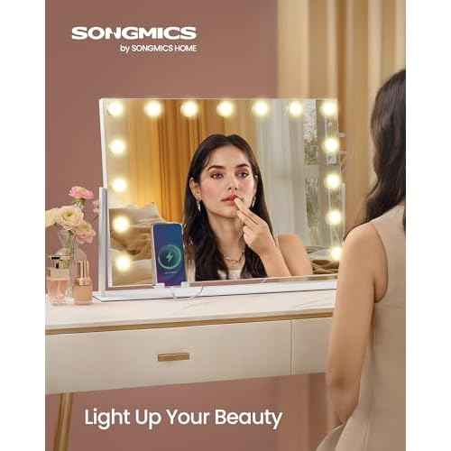 SONGMICS Vanity Makeup Mirror with Lights, Touch Control, 15 LED Bulbs, with Charging Ports, Detachable 10X Magnifying Mirror, 3 Color Temperatures, Dimmable, Phone Holder, Matte White ULWM001W01V1