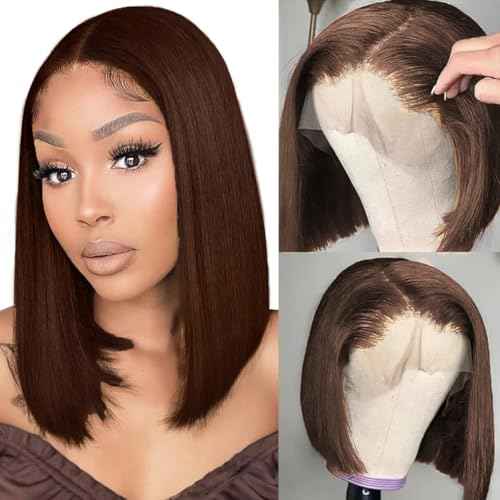 Chocolate Brown Bob Wig Human Hair Straight 13x4 HD Lace Front Wigs for Black Women Glueless Short Bob Lace Frontal Wig Human Hair Pre Plucked 150% Density #4 Color 16 Inch