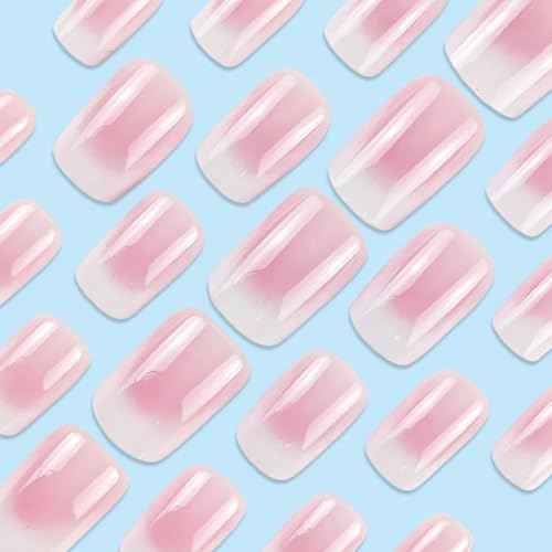 Medium Square Press On Nails Girls Fake Nails with Pink to white Ombre Simple and Stylish Design, Acrylic Artificial False Nails Press On Stick On Nails for Women