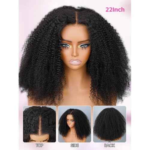 V SHOW Afro Kinky Curly Wear and Go Glueless Wigs Human Hair Pre Plucked Pre Cut 7x5 HD Lace Front Wigs Pre Bleached Bye Bye Knots 180% Density Afro Curly Lace Closure Wig Human Hair for Women 18 Inch