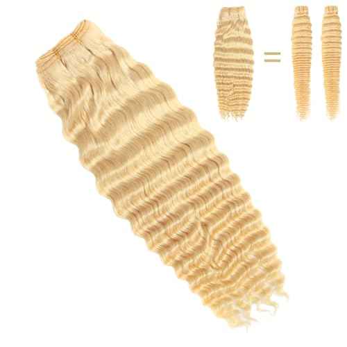 12A 613 Blonde Deep Wave Human Hair Bundles 24Inch 100% Unprocessed Brazilian Virgin Hair Extensions, Soft Double Weft Weave Curly Deep Wave Bundles Human Hair for Women (24inch)