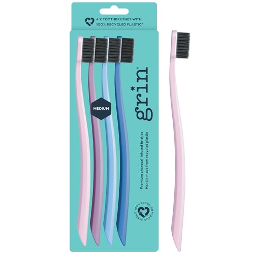 Grin Extra Soft Toothbrushes for Adults ? Travel Toothbrush with Charcoal Infused Bristles ? Manual Full Mouth Brush Head for Whitening & Gum Care ? 4 Count (1 Pack Set)