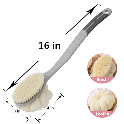 Arswin Shower Body Brush with Bristles and Large Pumpkin Loofah,Back Scrubber Bath Mesh Sponge with Anti-Slip Curved Long Handle for Skin Exfoliating,Massage Bristles for Wet or Dry,Men Women (Grey)