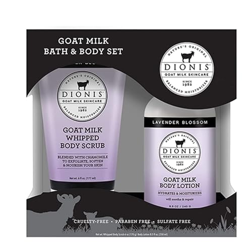 Dionis Goat Milk Skincare Lavender Scented Whipped Body Scrub & Lotion Gift Set - Gentle Chamomile Blended Exfoliating Sugar Scrub & Hydrating Body Cream Set, 6 oz & 8.5 oz