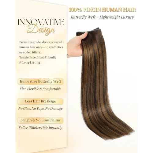PANEWAY OVO Hair Extensions Real Human Hair Dual Hand Tied Invisible Weft Hair Extensions for Volume & Length Lightweight, Natural-Looking(#P2/8/T2,16Inch)