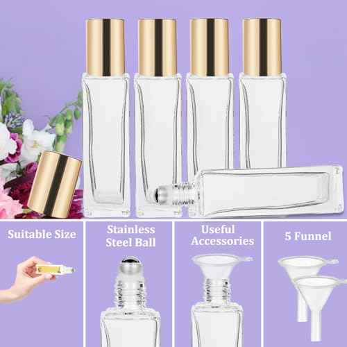 100 Pcs 10 ml Roller Bottles for Essential Oils, Square Thick Empty Glass Roller Bottles with Stainless Steel Roller Balls Protection Leakproof with 5 Funnel for Travel