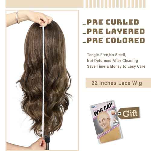 Brown Synthetic Lace Front Wig 13x4 Pre Plucked Highlight Body Wave Wigs for Women Heat Resistant Hair 22 Inch Daily Use