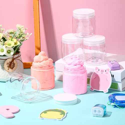 Patelai 16 Pack 10 oz Empty Slime Container Jars with Lids Round Clear Plastic Jars Wide Mouth Refillable Storage Organizer for Slime Making, DIY Crafts, Cosmetic, Home and Kitchen Organizing (Clear)