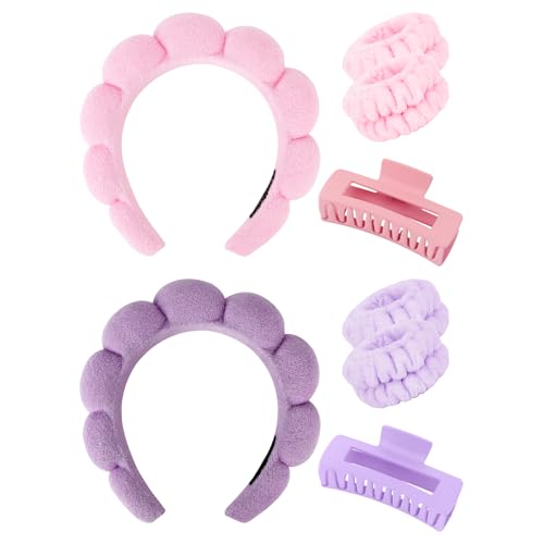 Wecoe Pink Purple Spa Headband And Wristband Set Skincare Headband For Washing Face Hair Claw Clips For Thick Hair Cute Puffy Sponge Bubble Makeup Head Band Wrist Towels Scrunchies For Women Girls