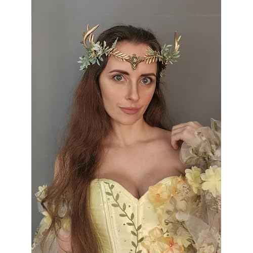 MOSTORY Woodland Gold Antler Crown - Forest Elf Headpiece Fairy Floral Circlet for Women Renaissance Fair Halloween Renfaire Cosplay Photo Shoot