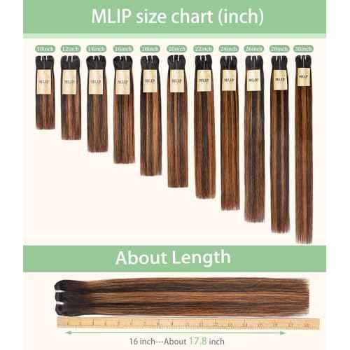 mlip Raw Bundles Human Hair Straight, No Tangle Shedding, Keep Texture Silky Soft After Multiple Washes, 15A Raw Indian Hair Bundles 12 Inches, Brown Highlight Bundles
