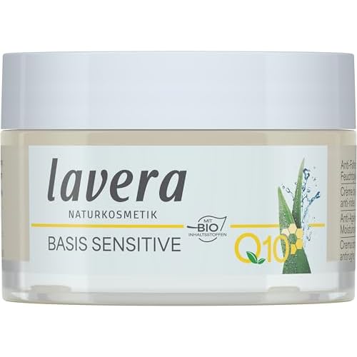 lavera Basis Sensitive Anti Wrinkle Moisturizing Cream - Face Cream with Q10 & Aloe Vera - Moisturizing Facial Cream - Anti Aging Cream - PETA Certified - Vegan - Made in Germany - 1.7 Fl Oz