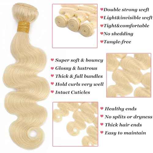 613 Body Wave 3 Bundles Human Hair 22 24 26 Inch, 100% Unprocessed 10A Brazilian Human Hair Bundles, Double Weft Body Wave Bundles, 613 Color Wet and Wavy Hair Extensions