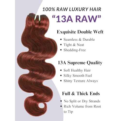 13A Double Drawn Reddish Brown Thick Body Wave Bundles Raw Human Hair 20 Inch, Shed Free Copper Red Auburn Soft 100% Raw Human Hair Single Bundles Colored 33B Weave