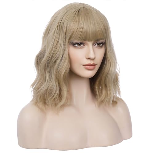 BERON Blonde Wigs for Womens Short Curly Wavy Wig with Bangs Girls Dark Blond Wigs Heat Resistant Synthetic Hair Party Daily Use Wigs