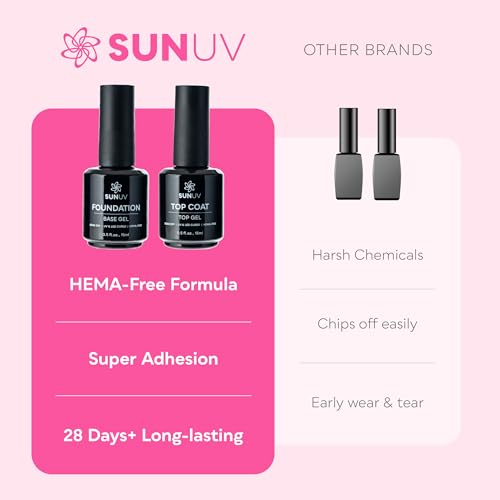 SUNUV 15ml Gel Top Coat and Base Coat Set, Hema Free Gel Nail Polish Kit 2 Pack, Art Manicure UV Nail Lamp No Wipe High Gloss Gifts for Women